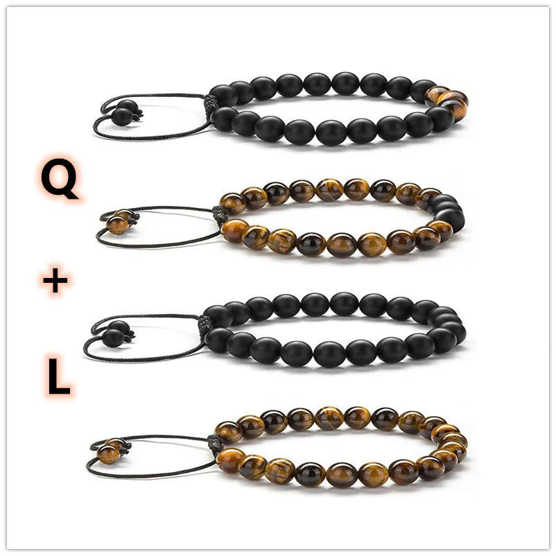 Matte black agate couple bracelets with geometric beads in individually packaged presentation
