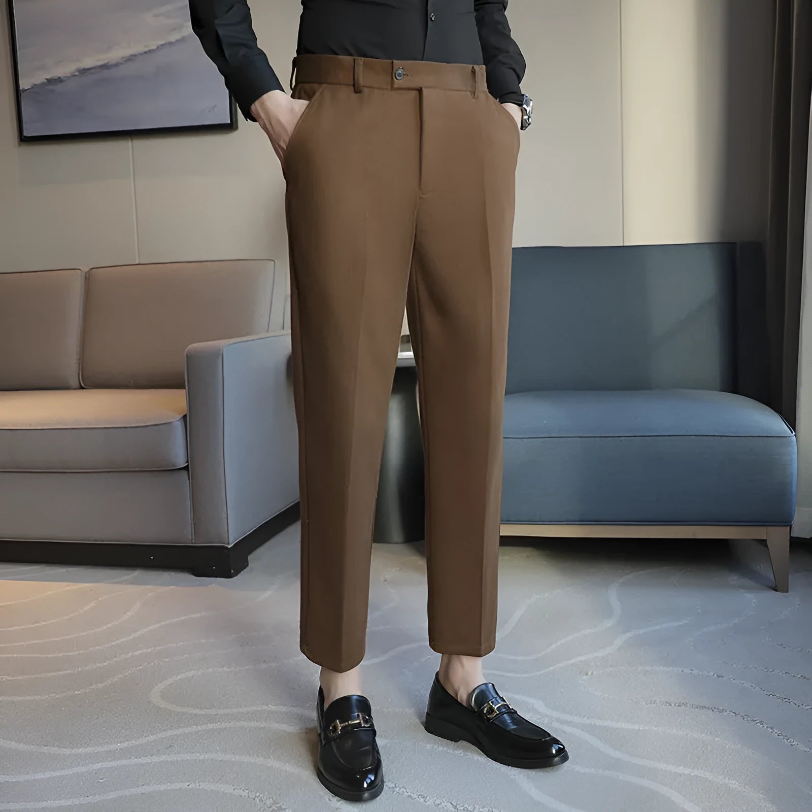 Men's brown corduroy straight fit trousers with elastic waistband for business casual wear