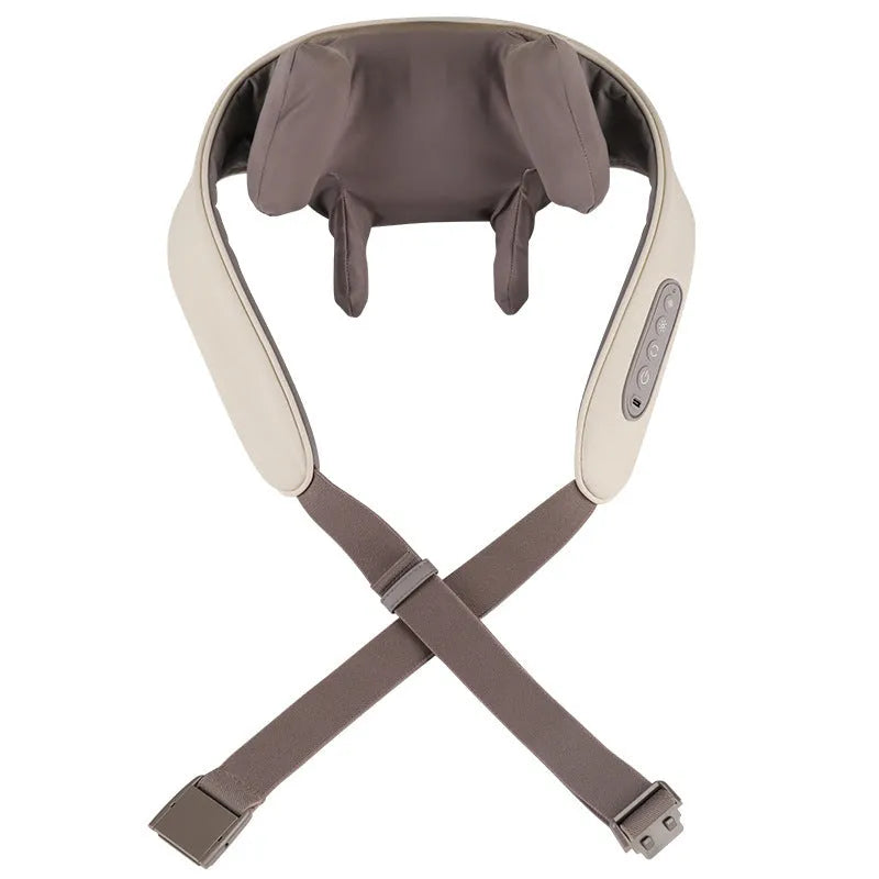 Milky white rechargeable shoulder and neck massager for cervical spine kneading with infrared physiotherapy.