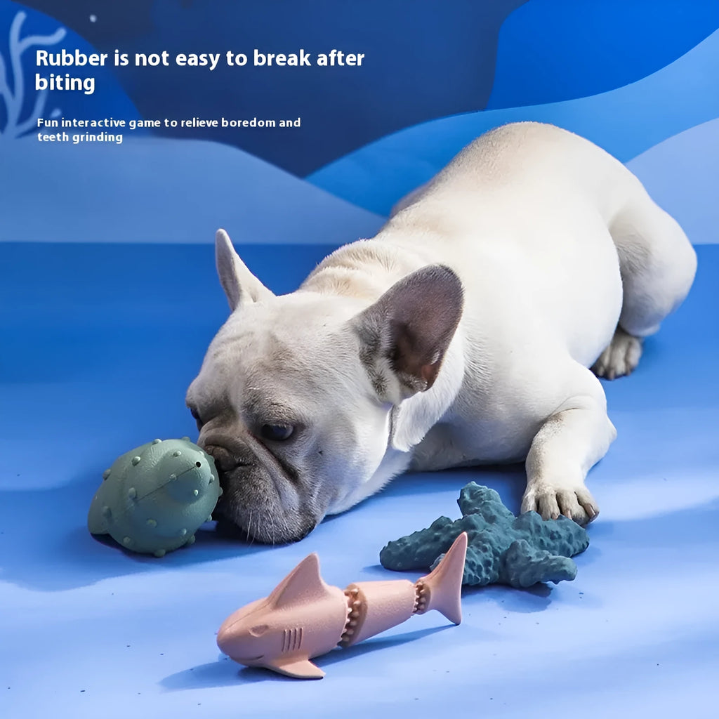 Blue rubber shark-shaped dog toy with a hidden food compartment for interactive chewing and feeding.