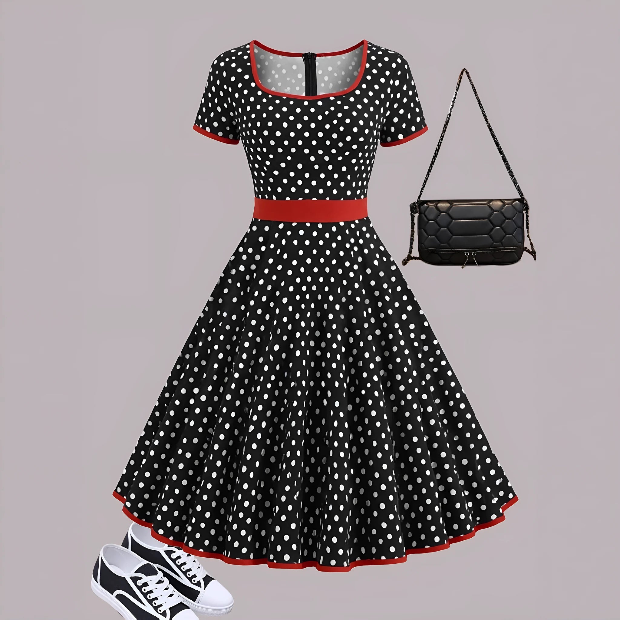 Women's multicolour polka dot dress with square collar and front zipper