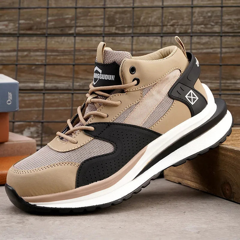 Low-top safety work shoes with a steel toe cap and lace-up front, shown in black, brown, and grey colour options.