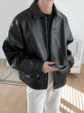 Men's black leather-style casual baseball jacket with loose fit and side seam pockets
