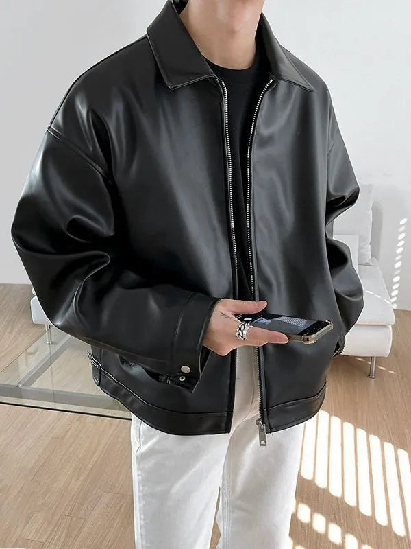Men's black leather-style casual baseball jacket with loose fit and side seam pockets