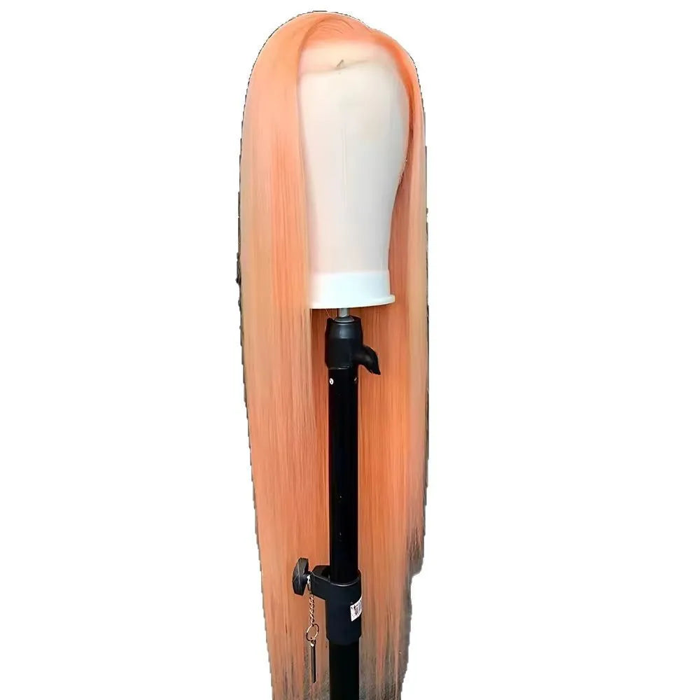 Light orange long straight front lace wig with side bangs on a model