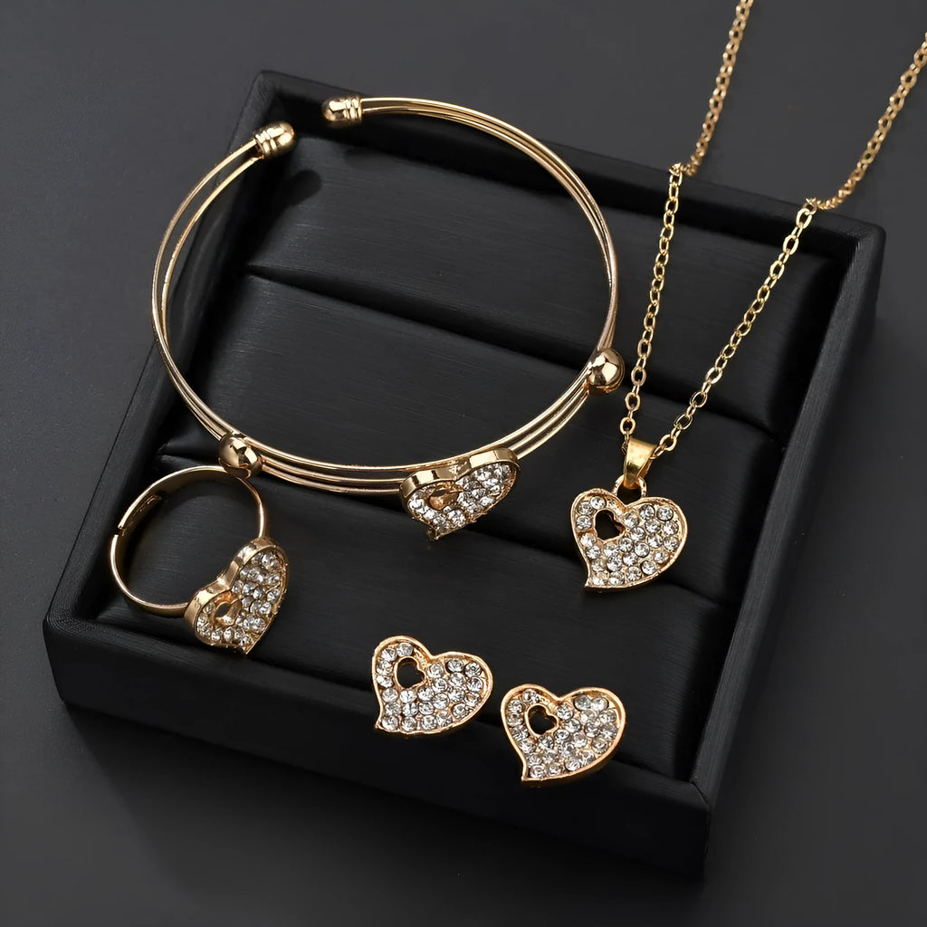 Gold electroplated women's jewellery set with love, water drop and bell pendants on adjustable chain