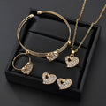Gold electroplated women's jewellery set with love, water drop and bell pendants on adjustable chain