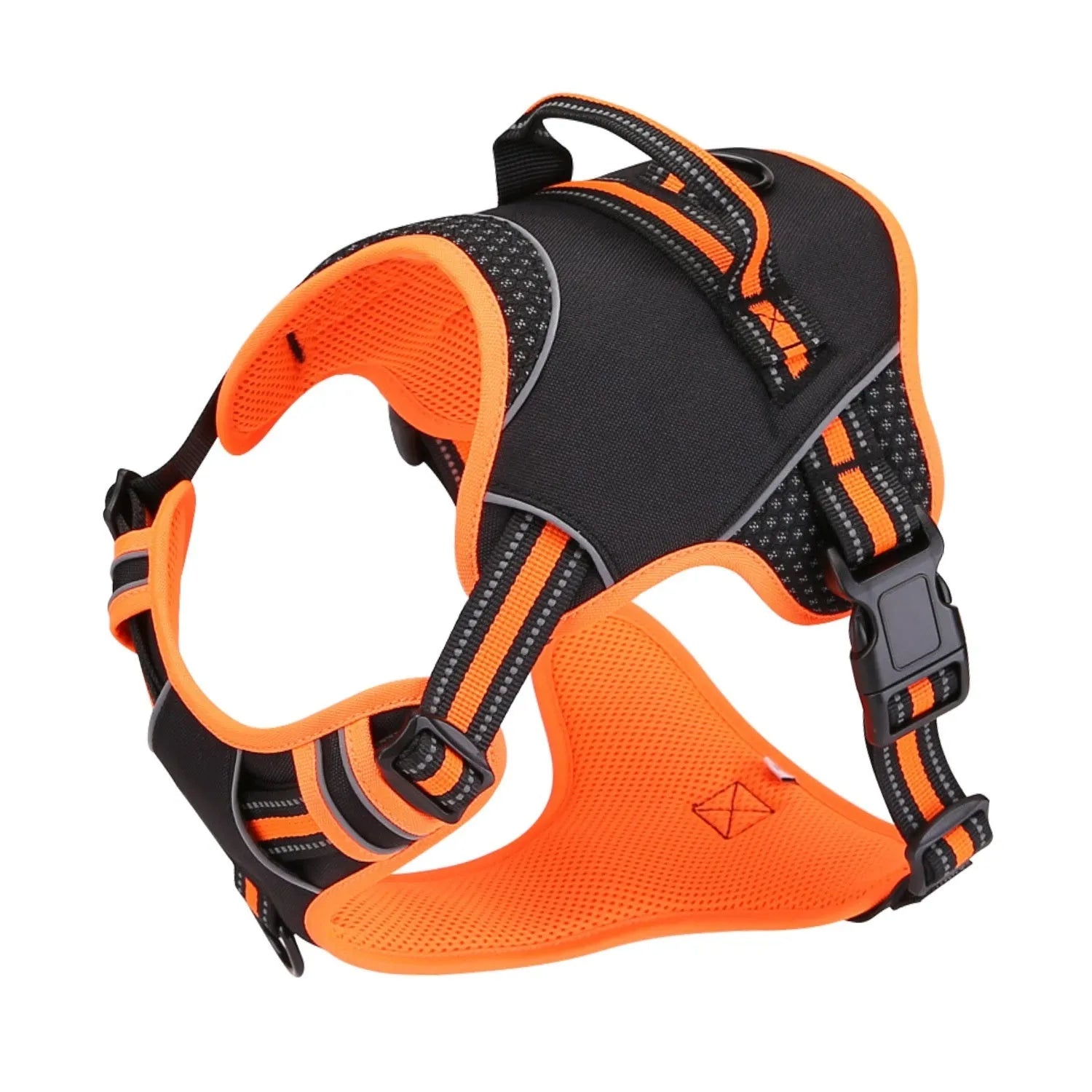 Yellow and orange polyester dog harness with traction strap for outdoor training control