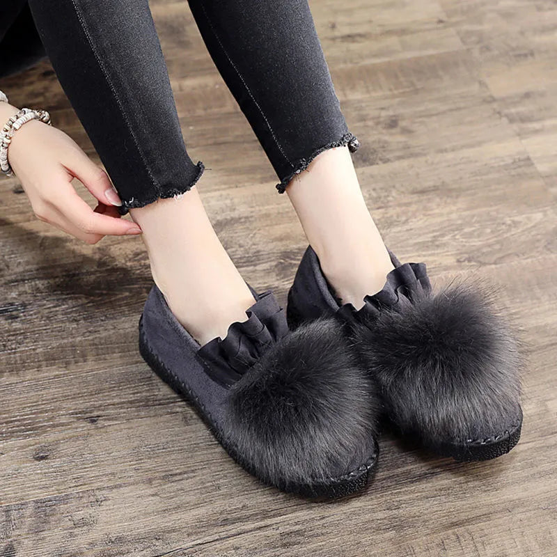 Women's high-top cotton fleece winter slippers with waterproof platform rubber sole in black or grey