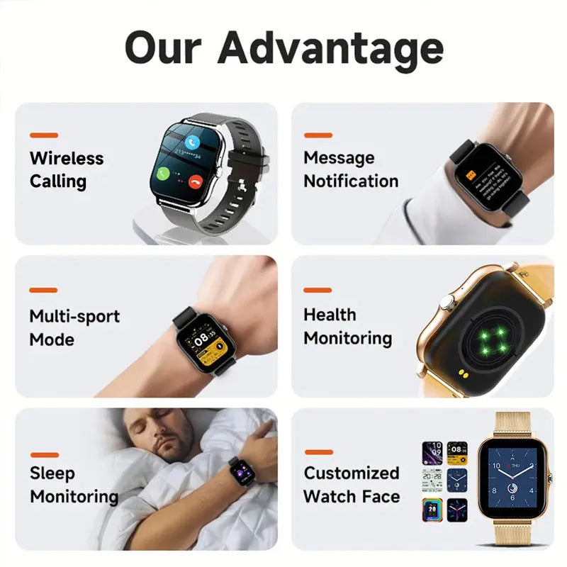 Smart watch with a 1.44-inch colour touch screen and a black silicone strap on a wrist.