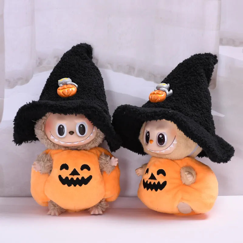 Halloween pumpkin doll clothes with black hat, plush doll outfit and hat set for doll or hanging ornament use