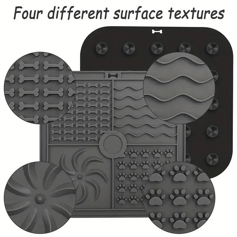 Silicone pet slow food mat with bottom suction cups in gray colour on smooth floor