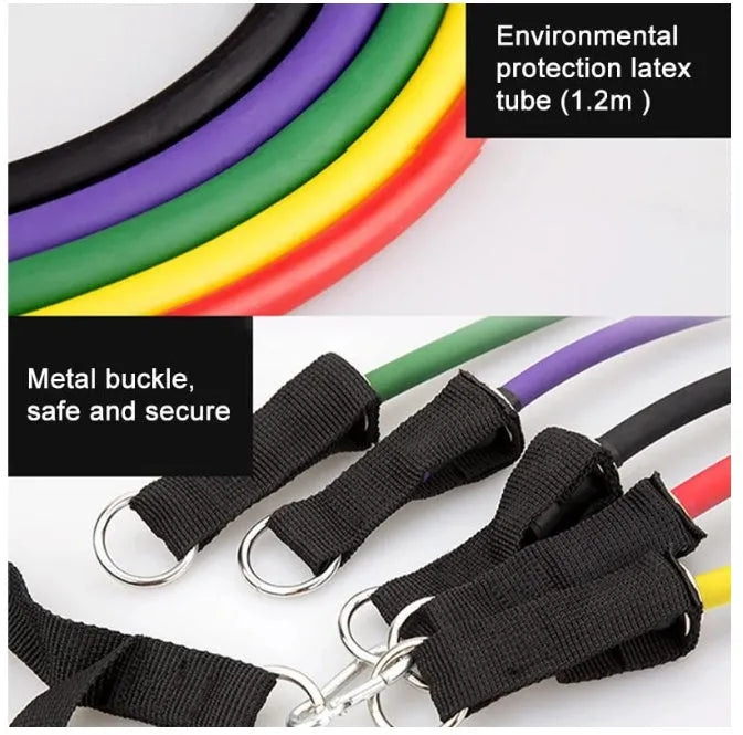 Rally resistance band set with latex ropes handles foot rings and door buckle on black storage bag