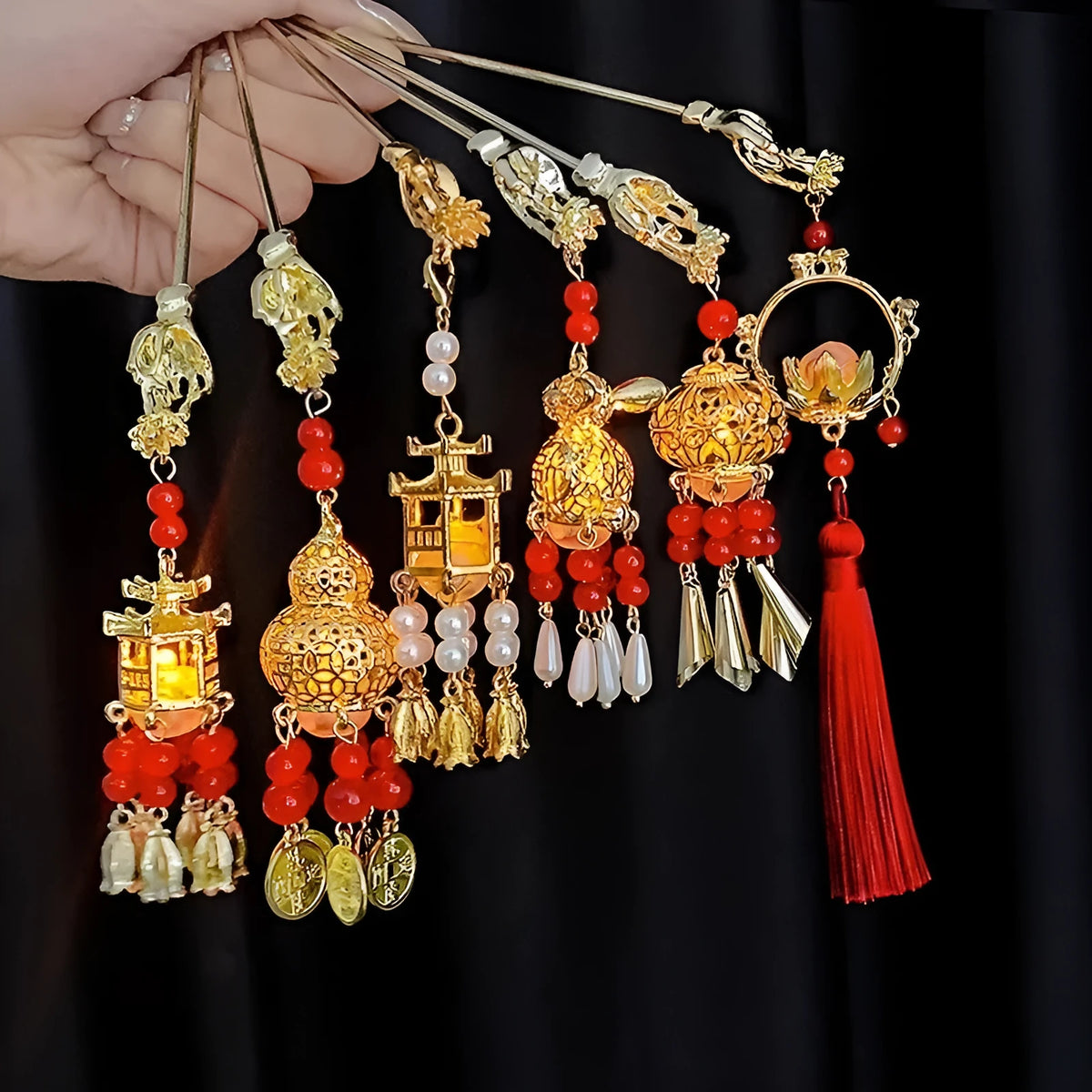 Light-emitting ancient style hairpin with dangling wind chime ornament, crown shape, electroplated alloy, pearl accent options.