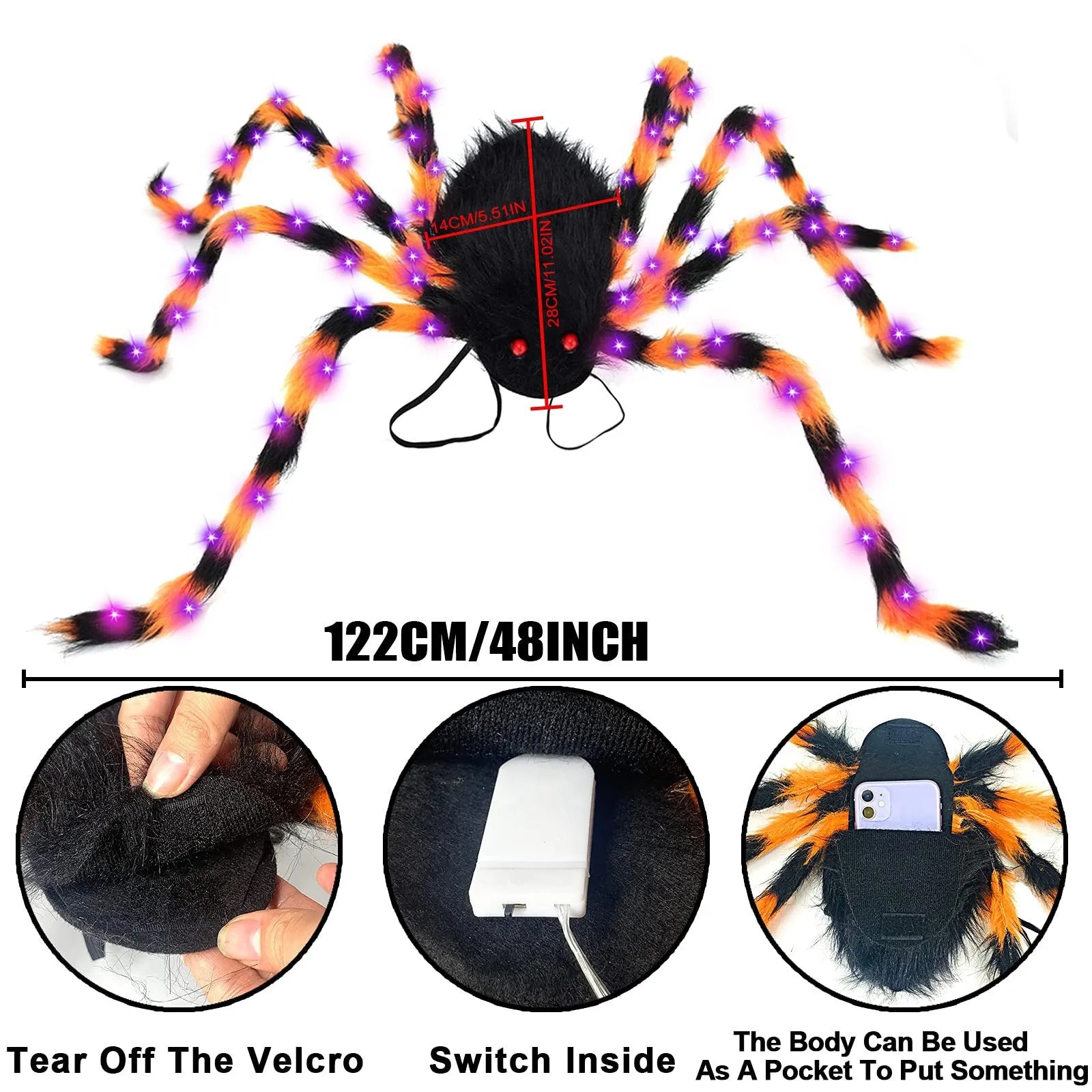 Halloween spider backpack with LED lights and plush sugar bag design in multiple colour variations