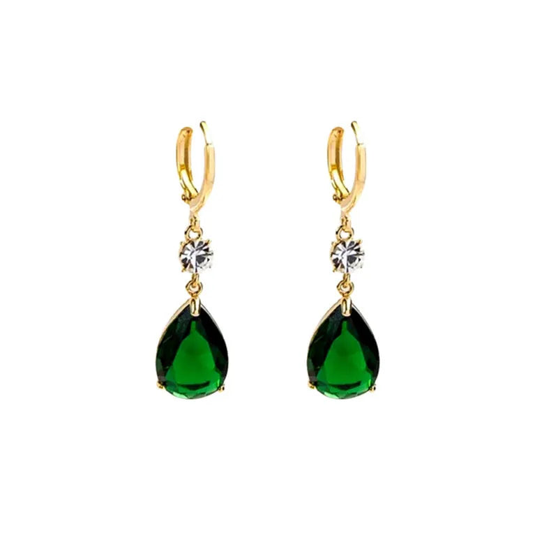 A pair of green geometric teardrop alloy earrings on a white background.