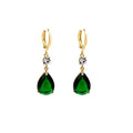 A pair of green geometric teardrop alloy earrings on a white background.