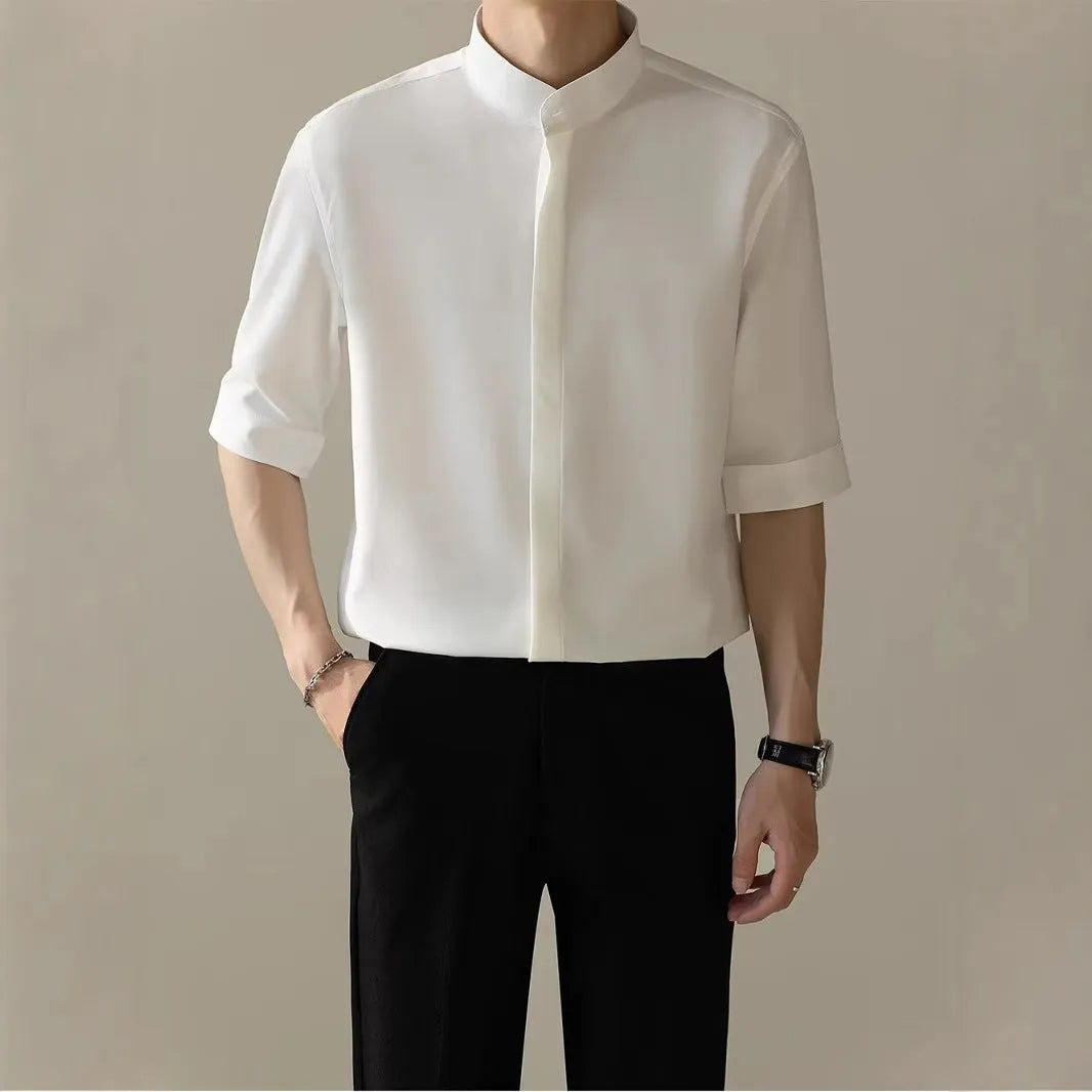 Men's thin stand collar short sleeve shirt in black, half sleeve, polyester blend fabric