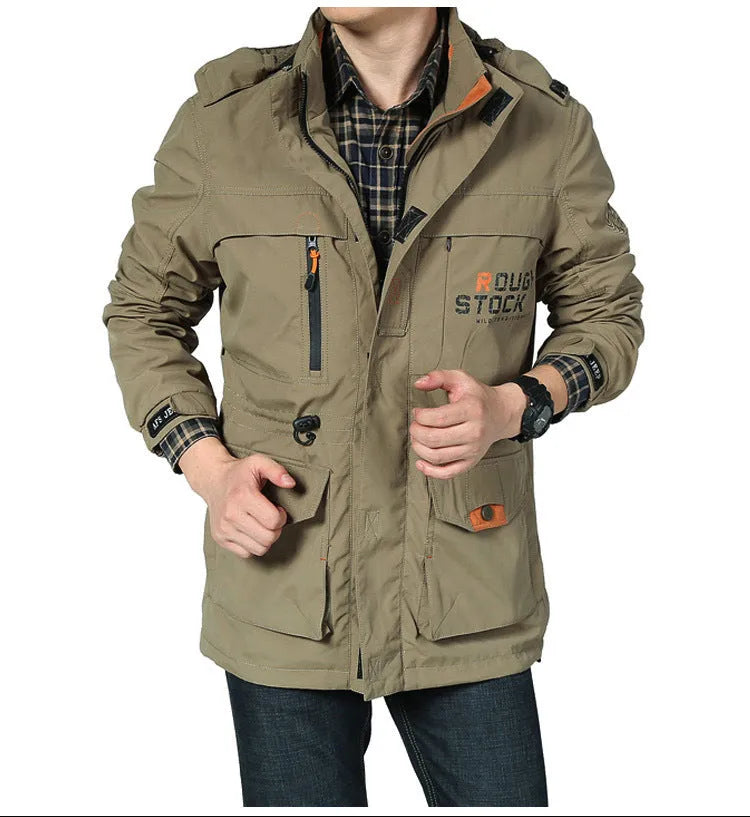 Men's waterproof nylon jacket with hood and stand collar in black, blue, green, khaki