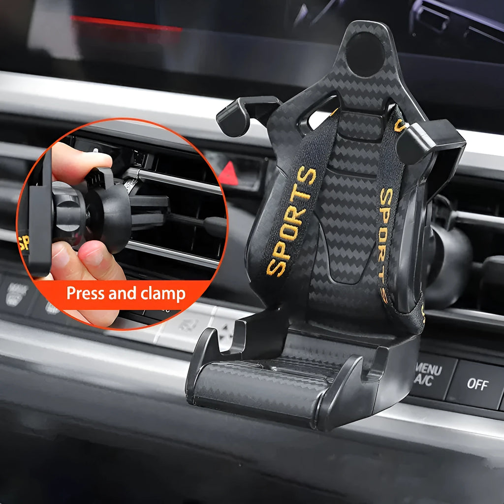 Gold and red car air vent phone holder with racing seat shape and 360-degree rotation