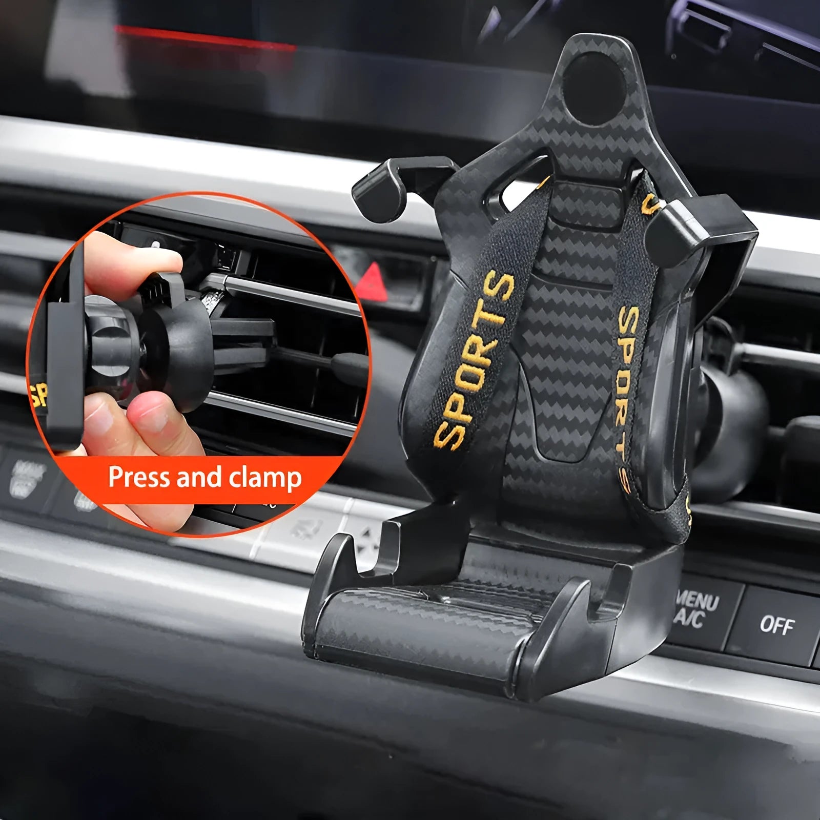 Gold and red car air vent phone holder with racing seat shape and 360-degree rotation