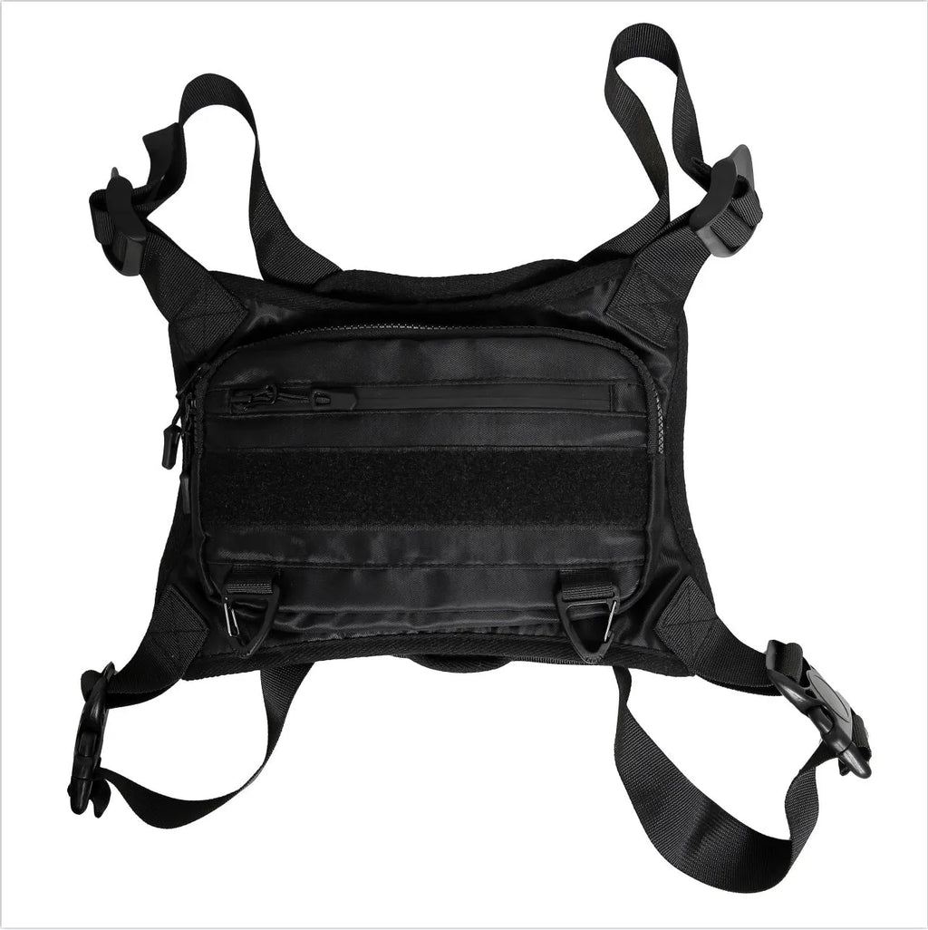 Black nylon tactical chest bag with reflective tooling style, solid colour, polyester lining and sewing thread detail