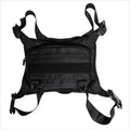 Black nylon tactical chest bag with reflective tooling style, solid colour, polyester lining and sewing thread detail