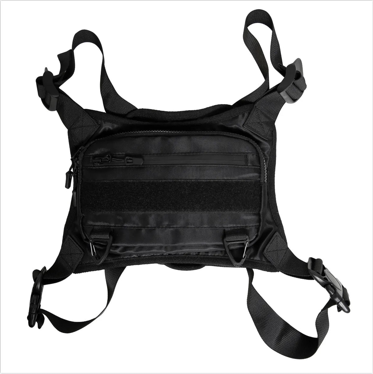 Black nylon tactical chest bag with reflective tooling style, solid colour, polyester lining and sewing thread detail