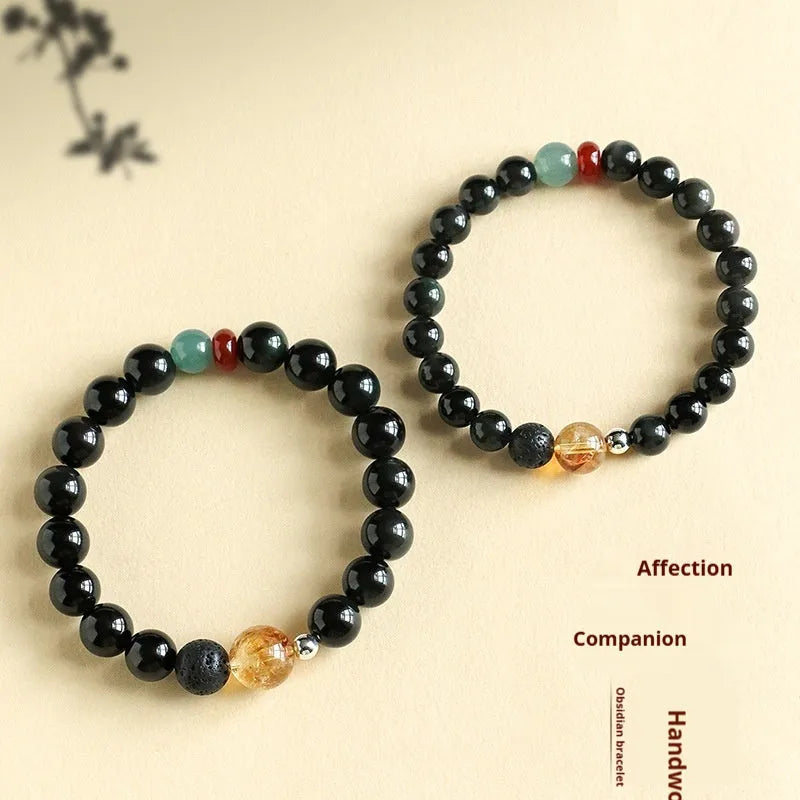 Chinese obsidian yellow tower crystal bracelet with agate jade beads, 8mm or 10mm size option, natural stone jewelry