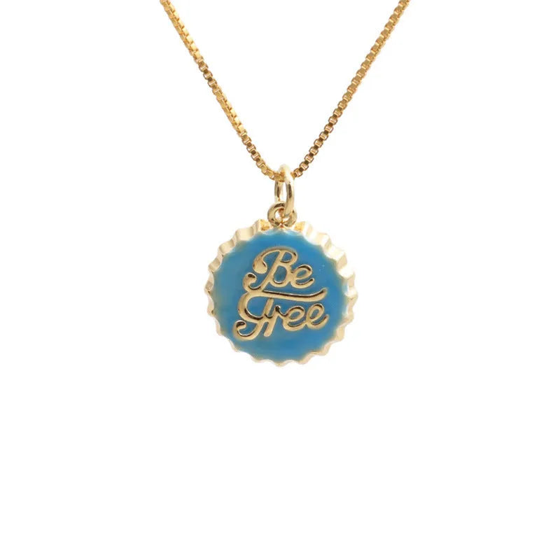 Copper bottle cap pendant necklace with electroplated finish on 40cm box chain