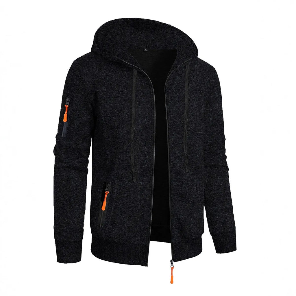Men's hooded cardigan sweater in solid colour polyester jacquard knit, loose fit, long sleeve, sizes S to 3XL, five colours.