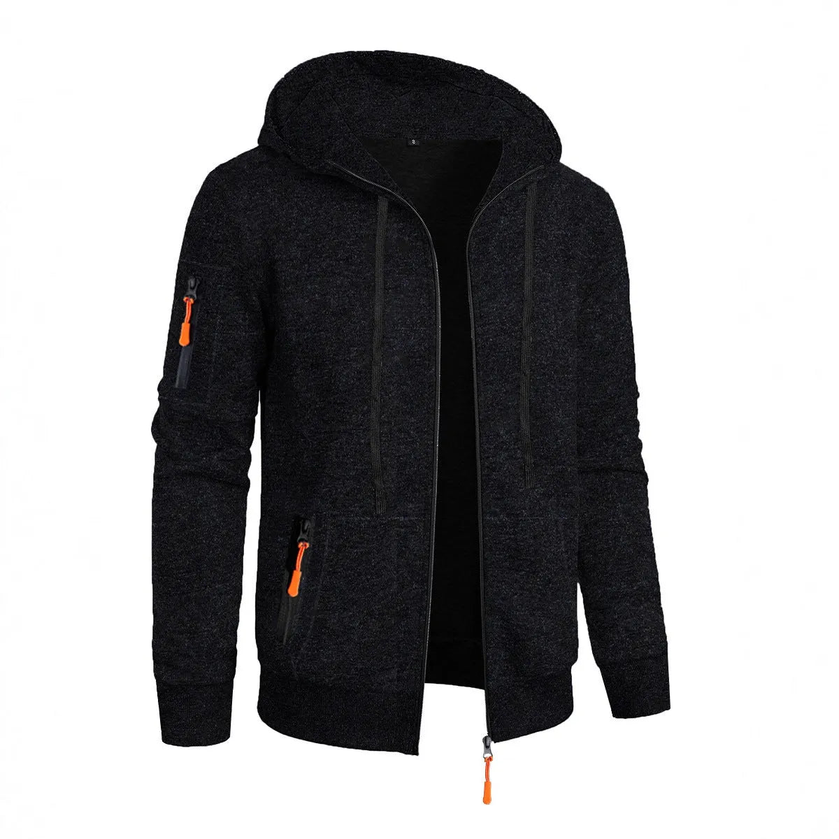 Men's hooded cardigan sweater in solid colour polyester jacquard knit, loose fit, long sleeve, sizes S to 3XL, five colours.