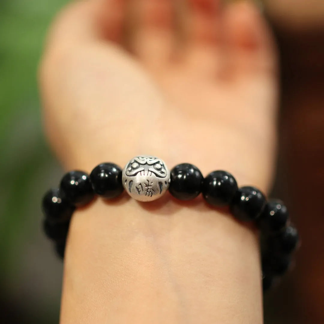 Natural black agate bracelet with 10mm stone set in Chinese style 999 sterling silver setting
