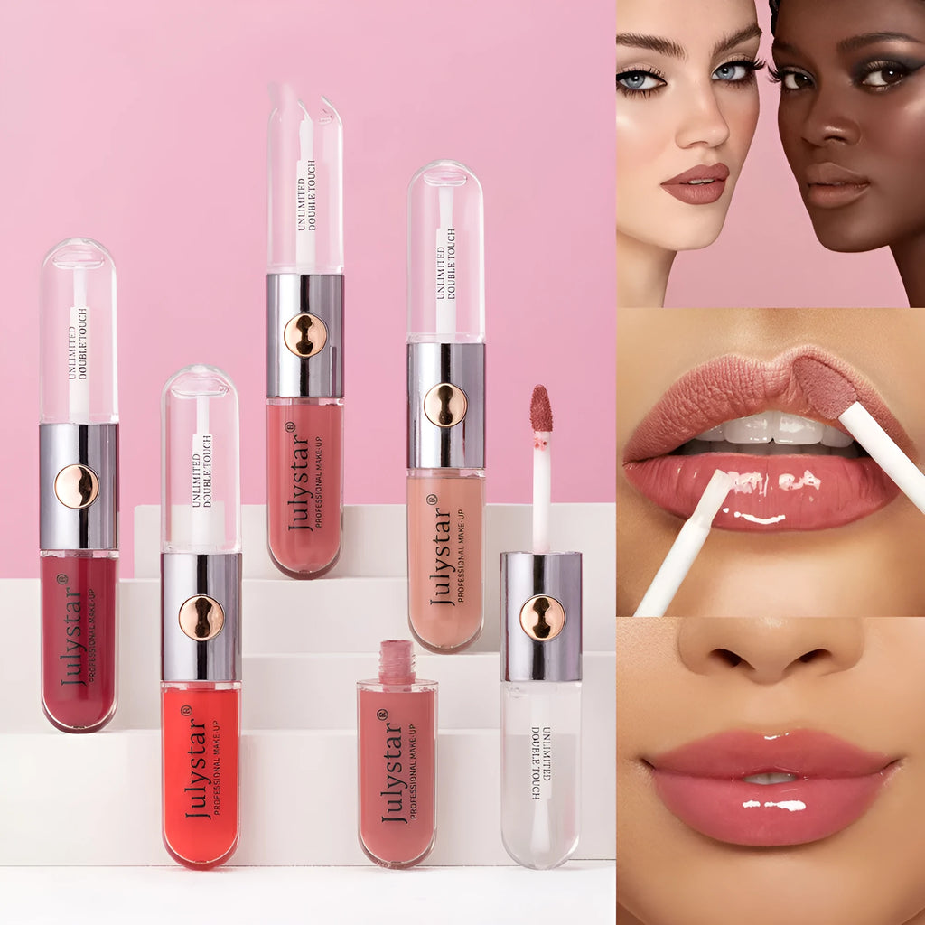 Women's fashion lip gloss tube in 6ml size showing range of nine colour style options.