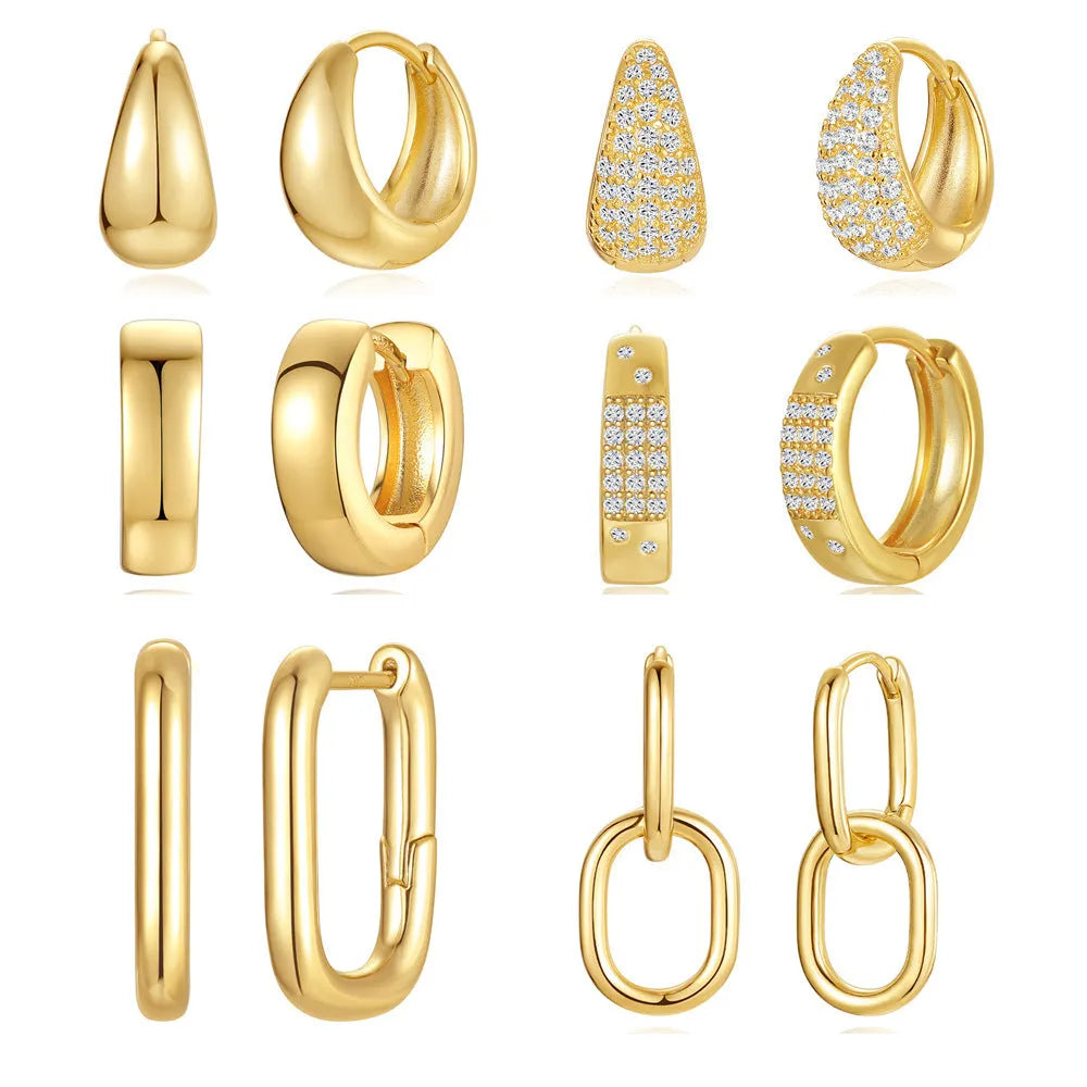 Golden brass diamond earclip earrings with geometric shape and round decorative elements