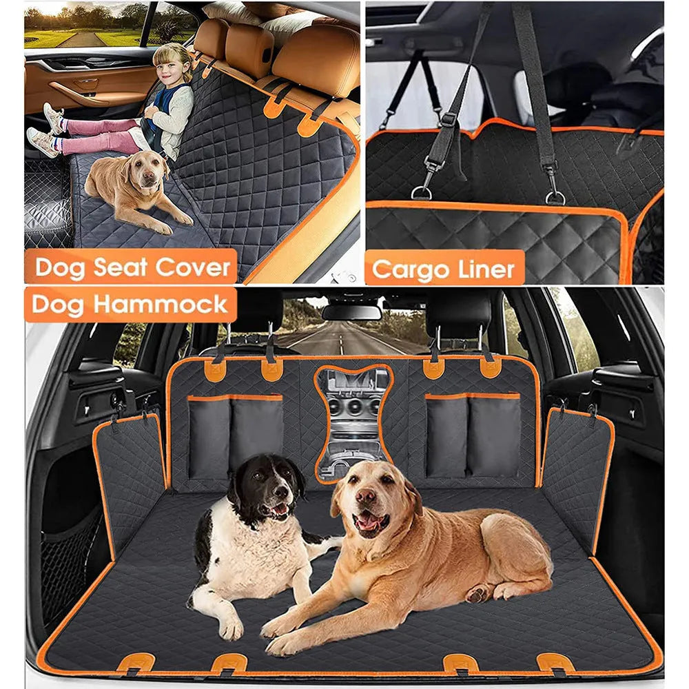 Black dog car seat cover with orange edge, shown as a hammock and flat protector on a car rear seat.