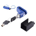Iron disc brake lock with reminder rope for bicycle and motorbike security, available in black red blue colours