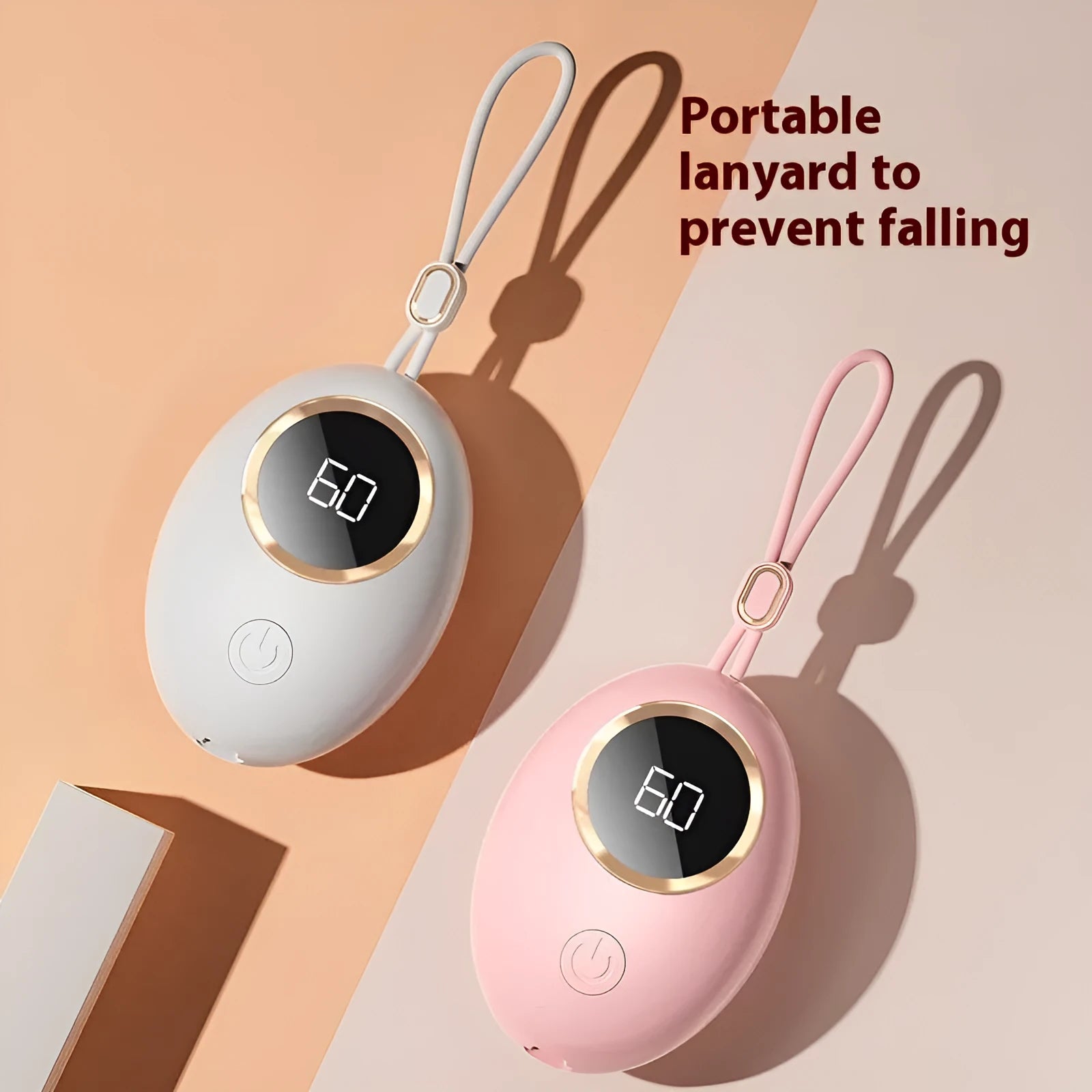 USB hand warmer with digital display in six colour options including pink, blue, green, and white
