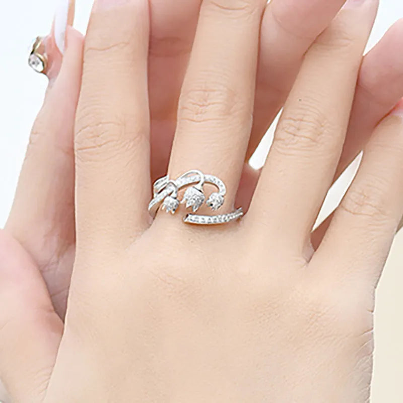 Adjustable white gold tone open ring with zircon rose, flower and lily design for women