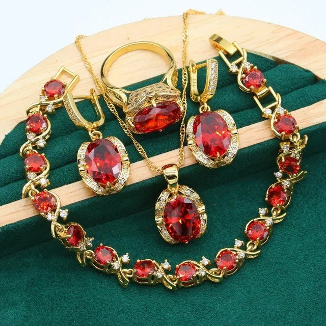 Women's rhinestone zircon jewellery suit with copper inlay, snake bones chain necklace, earrings, and ring in olive green or red colour