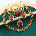 Women's rhinestone zircon jewellery suit with copper inlay, snake bones chain necklace, earrings, and ring in olive green or red colour