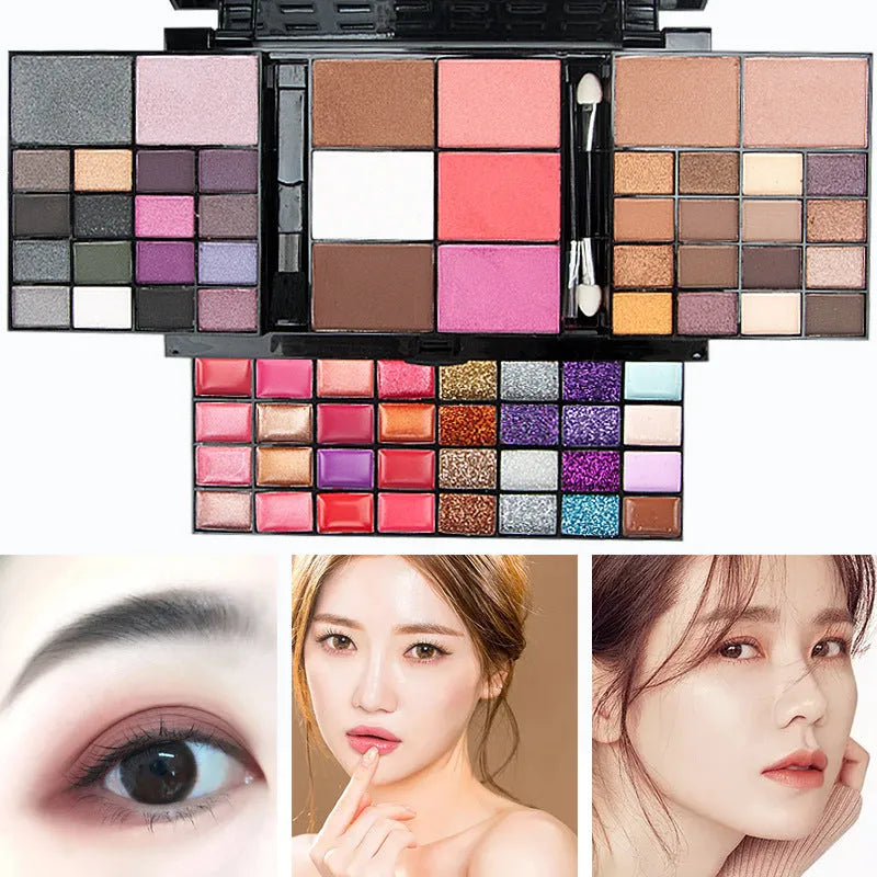 74 colour makeup palette open showing layered powder plates with eyeshadows, lip glosses, blush and contour, with mirror and brushes.