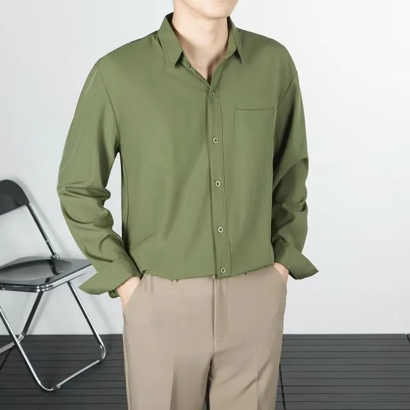 Korean-style linen long-sleeved shirt for men in loose fit, available in six solid colours including black and white