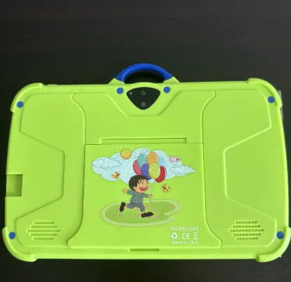 Kids 7 inch tablet PC in sky blue with drop-resistant explosion-proof design showing IPS screen