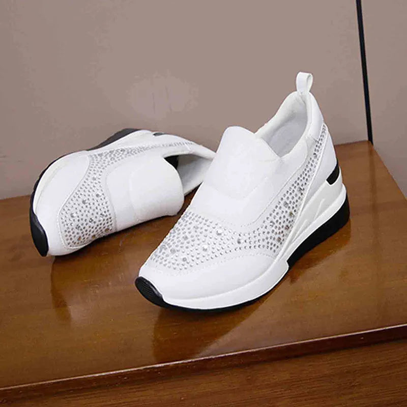 Women's rhinestone wedge shoes with hidden height increase, round toe PU upper, shown in black, pink, and white