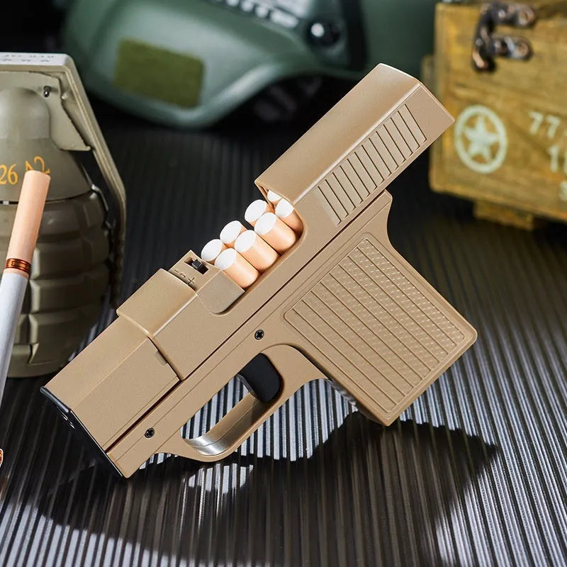Gun-type windproof gas lighter with cigarette case, plastic body, black colour