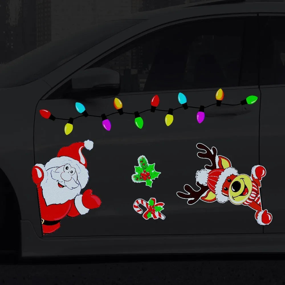 Cartoon Christmas elk reflective magnetic sticker in RFM026 colour on metallic surface