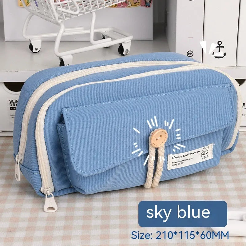 Korean style canvas pencil case in beige, blue, grey, and green colour options with large capacity for approximately 80 pens