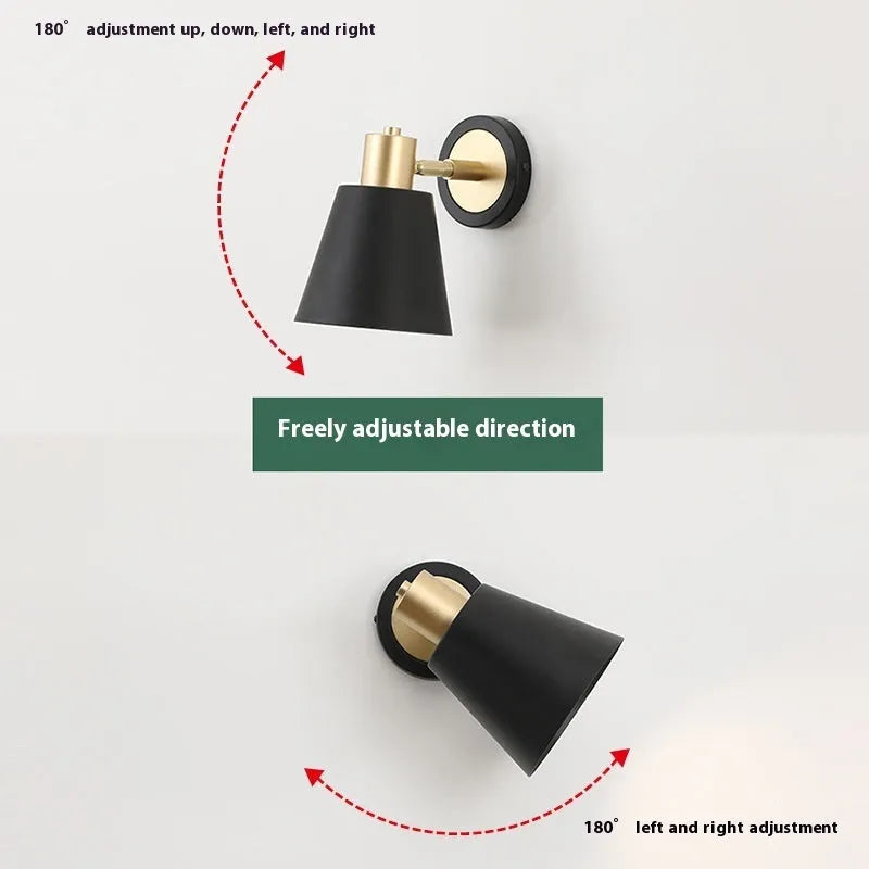 Black iron Nordic-style wall lamp mounted beside a bed with four different shade design options.