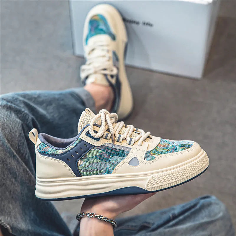 Men's casual canvas shoes in Milan green or beige colours with flat heel and round toe design